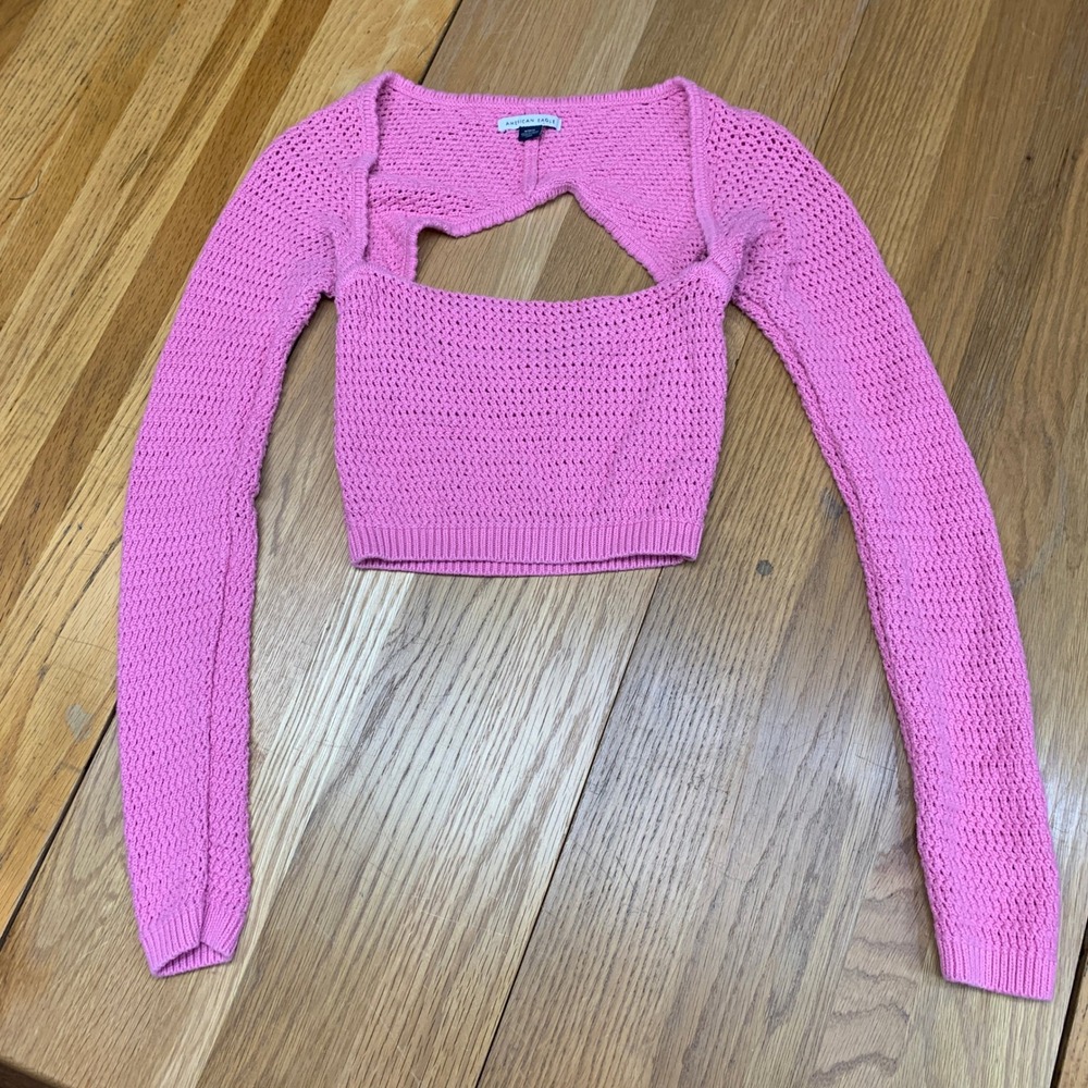 American Eagle Pink Crochet Knit Cutout Bolero Shrug Long Sleeve Crop Top Medium